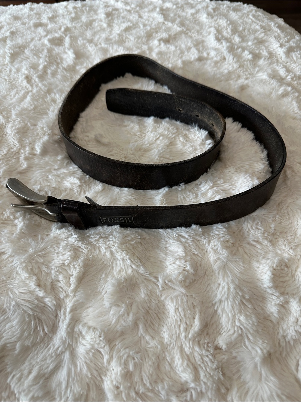 Fossil Men's “Blake” Black Leather Belt with Silver Buckle